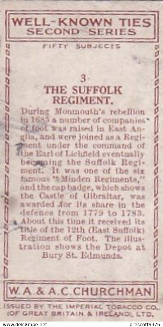 Well Known Ties 2nd 1935 - 3 Suffolk Regiment - Churchman Cigarette Card - Original - Military - Churchman