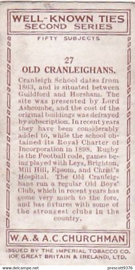 Well Known Ties 2nd 1935 - 27 Old Cranleighans - Churchman Cigarette Card - Original - - Churchman