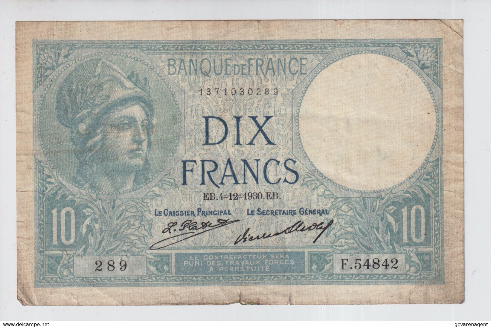 10 FRANCS   MINERVE  1930   2 SCANS - 10 F 1916-1942 ''Minerve''