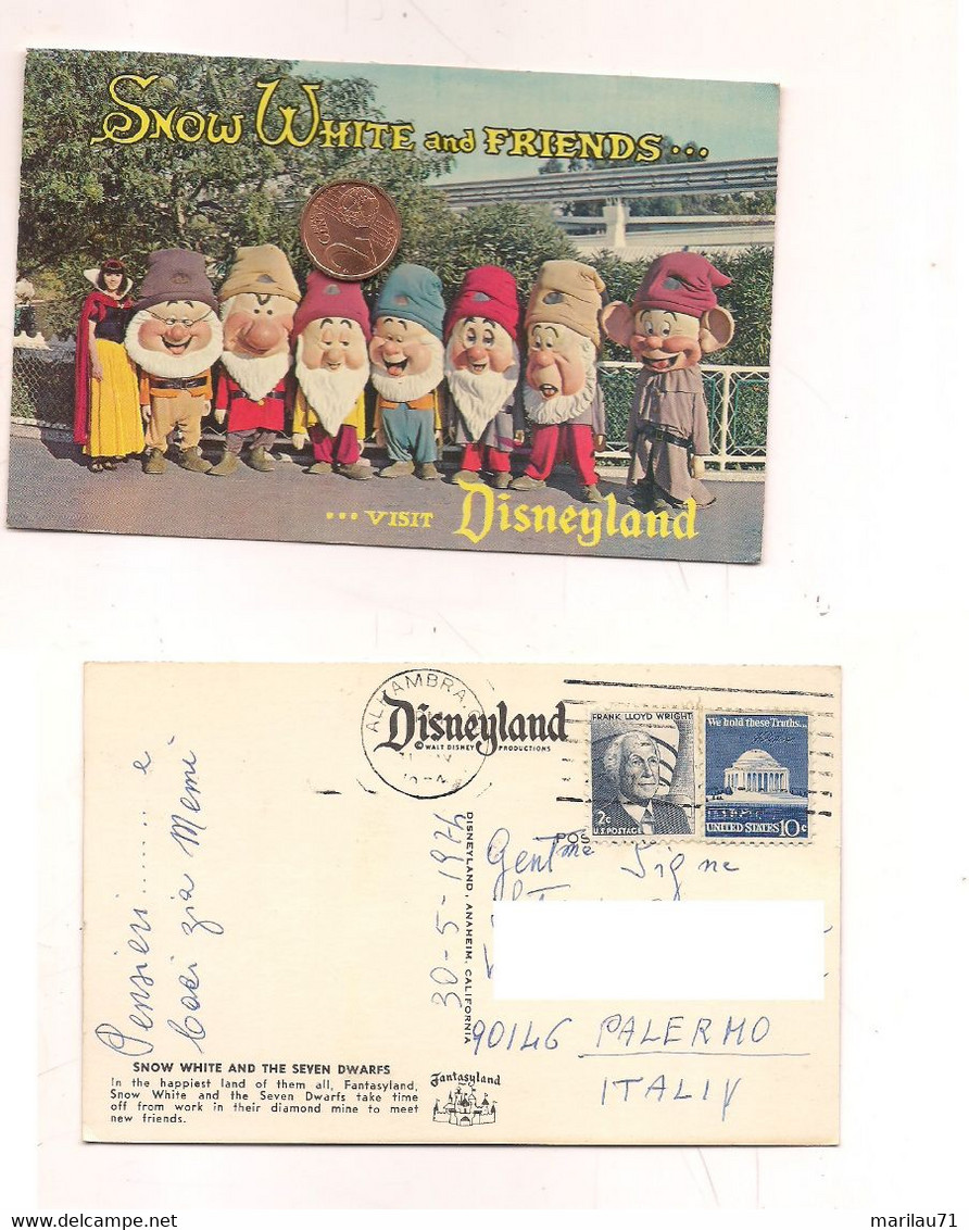 P1849 USA DISNEYLAND BIANCANEVE 7 NANI Card Stamp 1974 Viaggiata - Anaheim