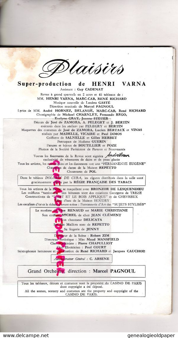 75- PARIS- CASINO 1960- PROGRAMME LINE RENAUD-ILLUSTRATEUR BRENOT-HENRI VARNA-GOLDEN GATE QUARTET-JEAN LECCIA-REGO-CONDE - Programme