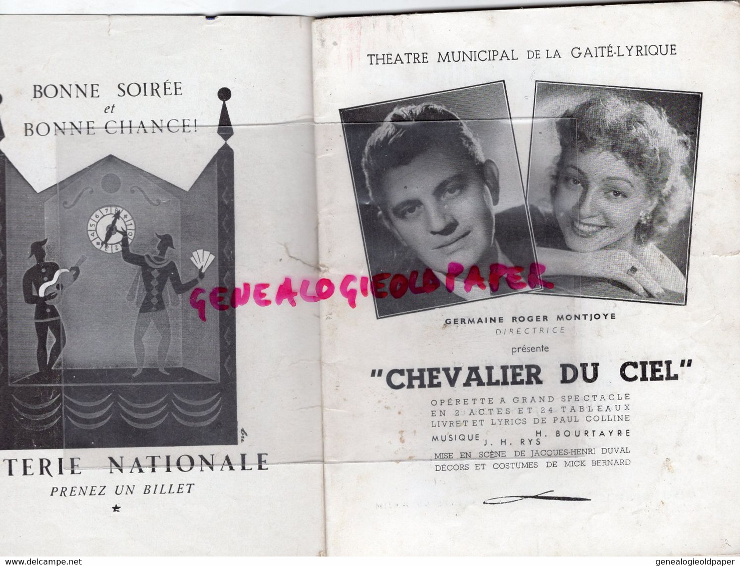 75- PARIS-  PROGRAMME THEATRE GAITE LYRIQUE-CHEVALIER DU CIEL-GERMAINE ROGER MONTJOYE-BOURTAYRE-PIERRE JACY-PAUL COLLINE - Programmes