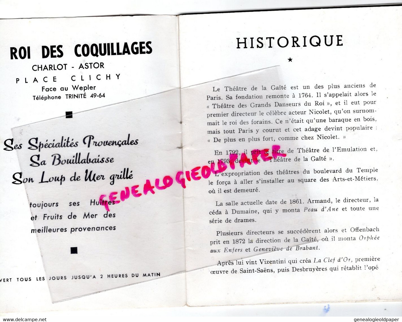 75- PARIS-  PROGRAMME THEATRE GAITE LYRIQUE-CHEVALIER DU CIEL-GERMAINE ROGER MONTJOYE-BOURTAYRE-PIERRE JACY-PAUL COLLINE - Programmes