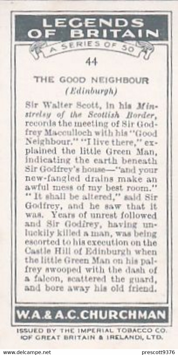 Legends Of Britain 1936  - 44 The Good Neighbour Edinburgh  - Churchman Cigarette Card - Original - - Churchman