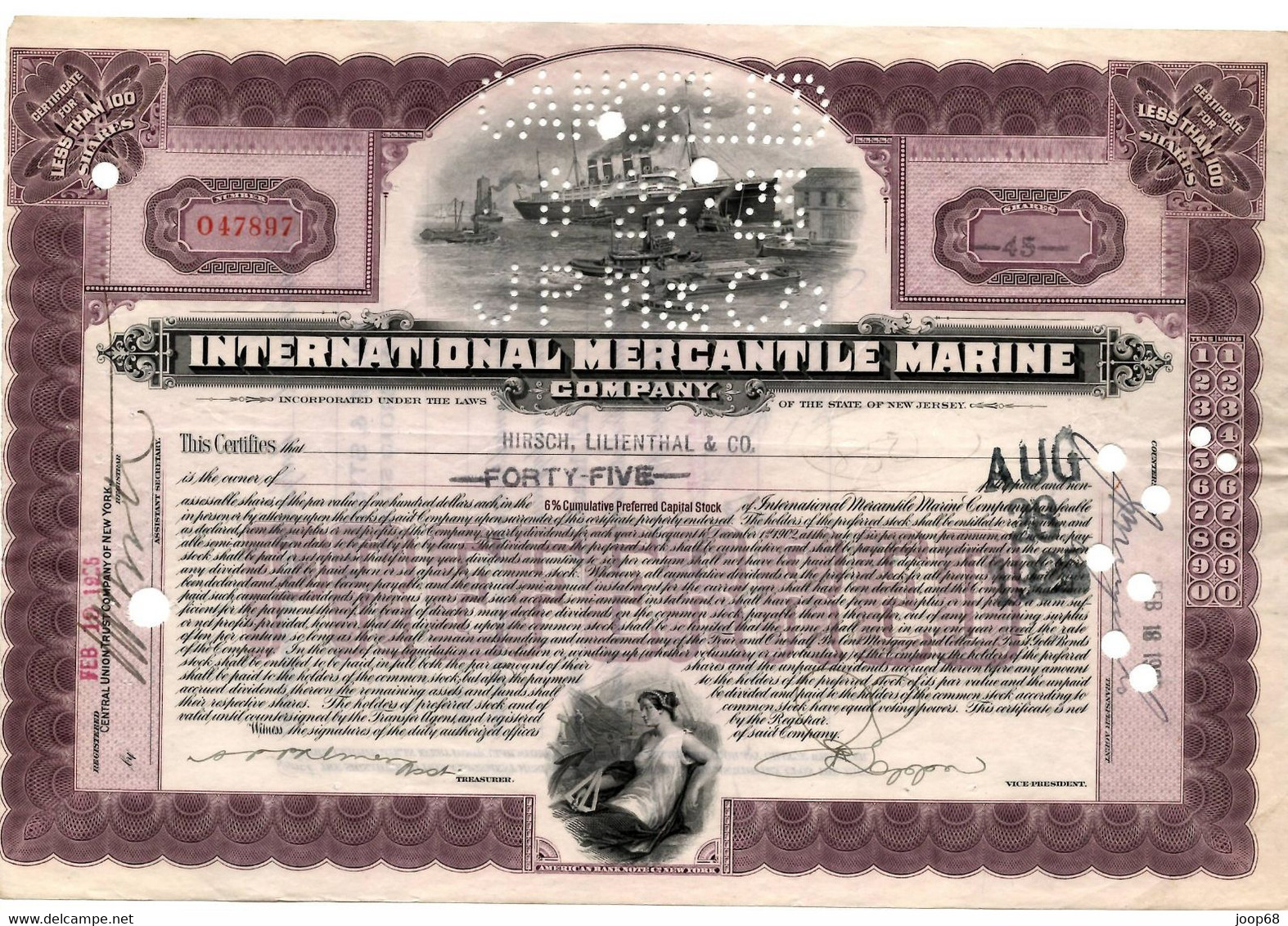 USA - 45 Shares International Mercantile Marine - Titanic Ship Company 1925 - Navigazione