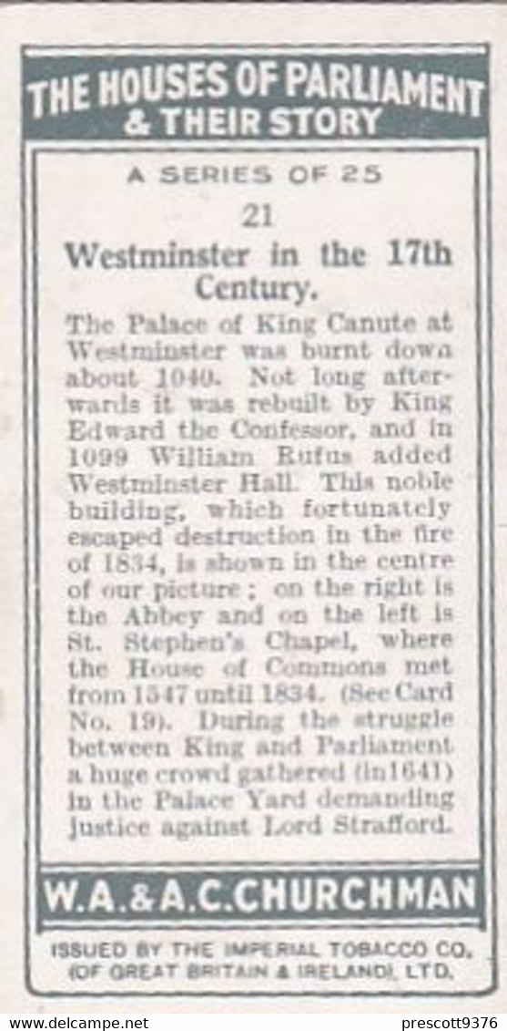 Houses Of Parliament Story 1931  - 21 Westminster In 17th C  - Churchman Cigarette Card - Original - - Churchman