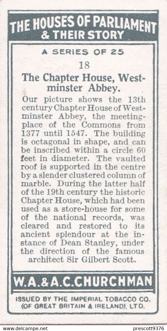 Houses Of Parliament Story 1931  - 18 Chapter House Westminster Abbey  -  Churchman Cigarette Card - Original - - Churchman