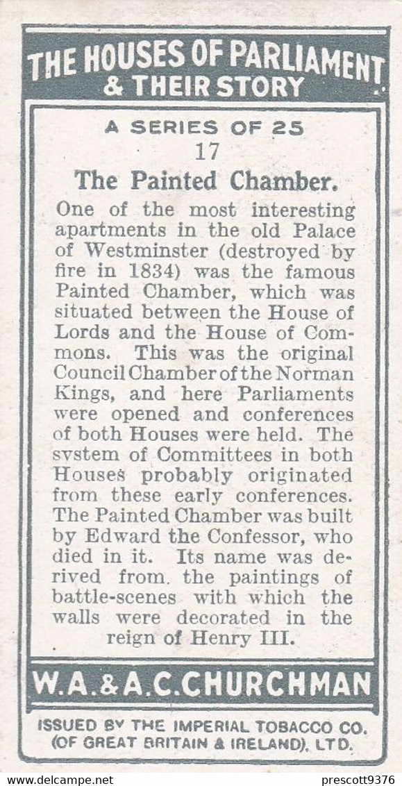 Houses Of Parliament Story 1931  - 17 Painted Chamber -  Churchman Cigarette Card - Original - - Churchman
