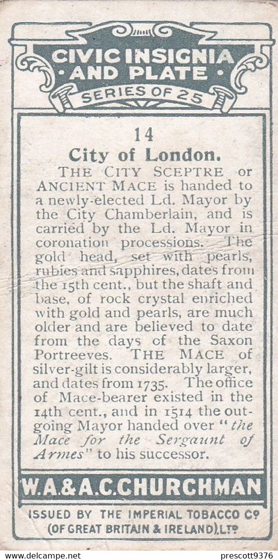 Civic Insignia & Plate 1926  - 14 City Of London -  Churchman Cigarette Card - Original - - Churchman