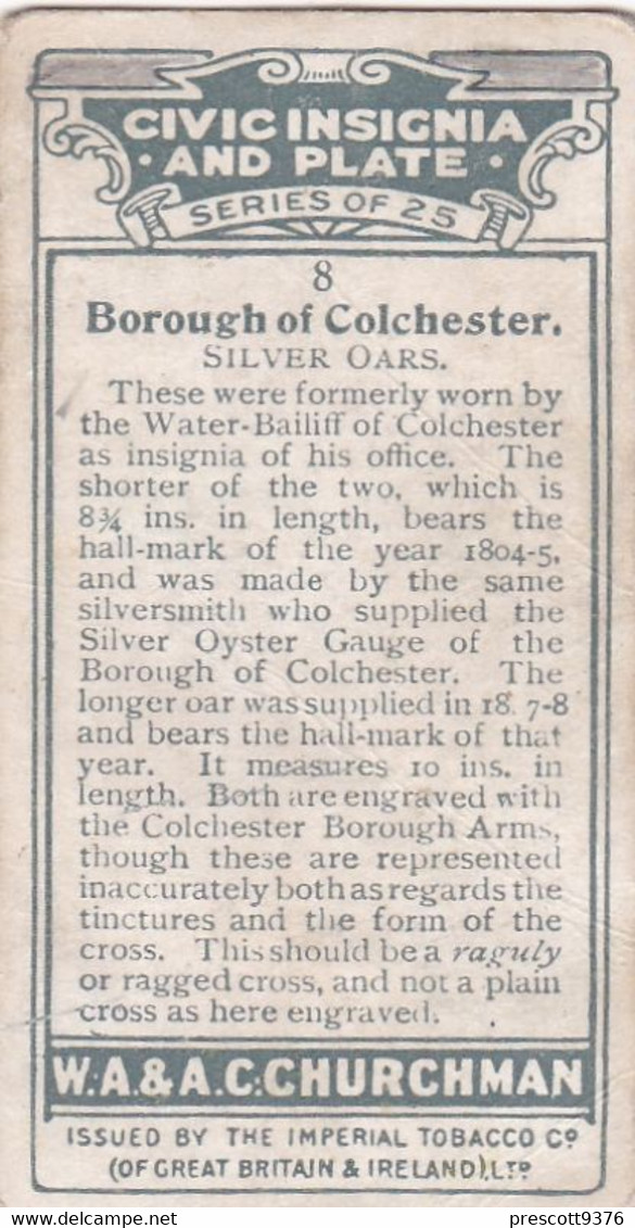 Civic Insignia & Plate 1926  - 8 Borough Of Colchester  -  Churchman Cigarette Card - Original - - Churchman