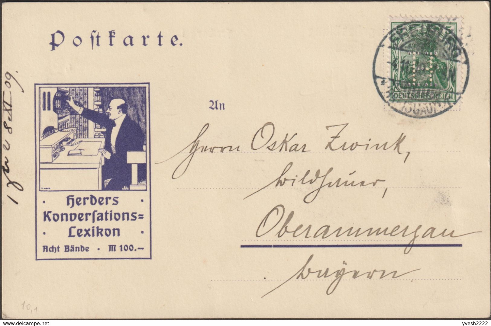 Allemagne 1909. Perforé H Sur Carte Postale, Germania 5 Pf. Lexiques De Conversation Herders, éditeur - Andere & Zonder Classificatie