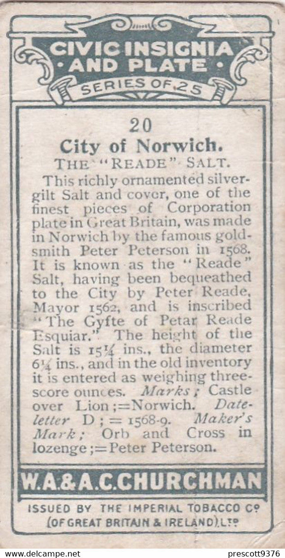 Civic Insignia & Plate 1926  - 20 City Of Norwich -  Churchman Cigarette Card - Original - - Churchman