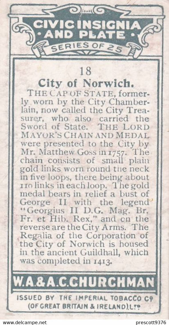 Civic Insignia & Plate 1926  - 18 City Of Norwich -  Churchman Cigarette Card - Original - - Churchman