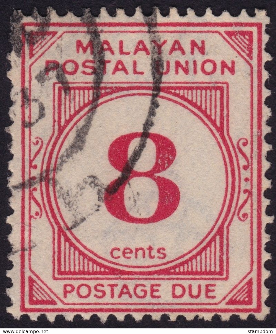 MALAYAN POSTAL UNION 1936 Postage Due 8c P15x14 Wmk.MSCA Sc#J9 - USED @N016 - Malayan Postal Union