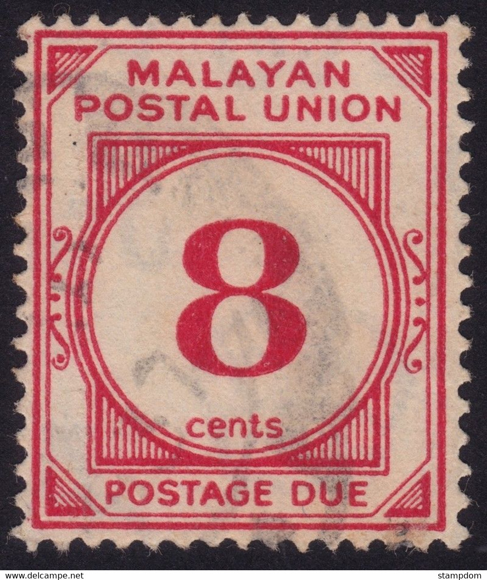 MALAYAN POSTAL UNION 1936 Postage Due 8c P15x14 Wmk.MSCA Sc#J9 - USED @N017 - Malayan Postal Union