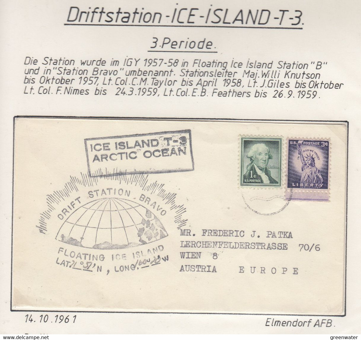 USA Driftstation ICE-ISLAND T-3 Cover Ca Ice Island T-3 Arctic Ocean Station Bravo Ca 14.10.61 Periode 3 (DR106) - Scientific Stations & Arctic Drifting Stations