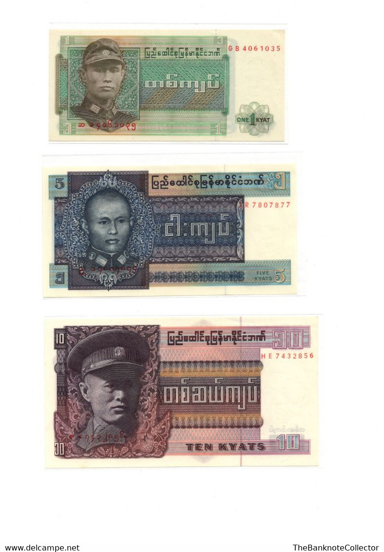 Burma Myanmar 1 5 10 15 25 35 45 75 And 90 Kyats ND 1979-1986 9 Pcs Banknote Set UNC - Autres - Asie
