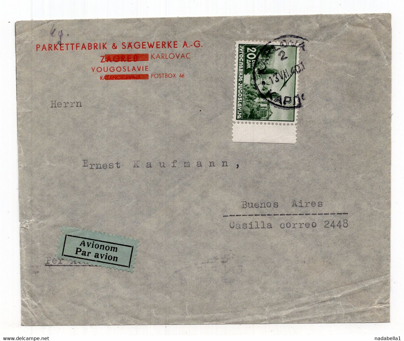 1940. YUGOSLAVIA,CROATIA,KARLOVAC TO BUENOS AIRES,ARGENTINA,AIRMAIL COVER - Airmail