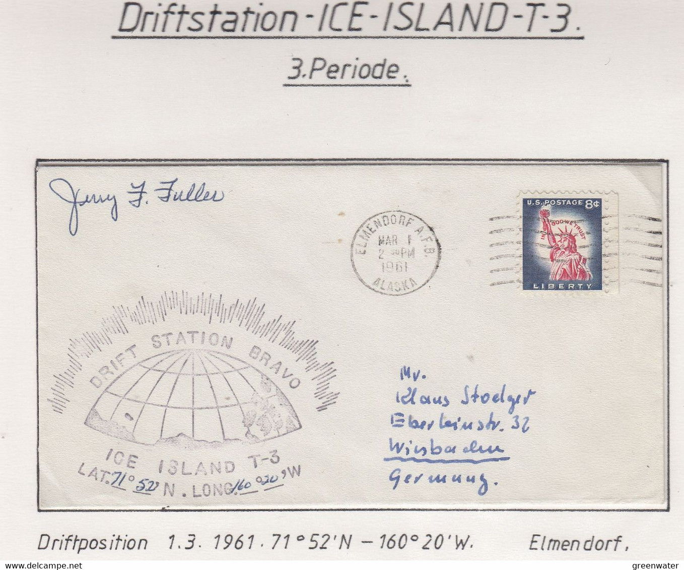 USA Driftstation ICE-ISLAND T-3 Cover Ca Drift Station Bravo 10.3.1961 Sgn. Jerry F. Fuller Periode 3 (DR108) - Estaciones Científicas Y Estaciones Del Ártico A La Deriva