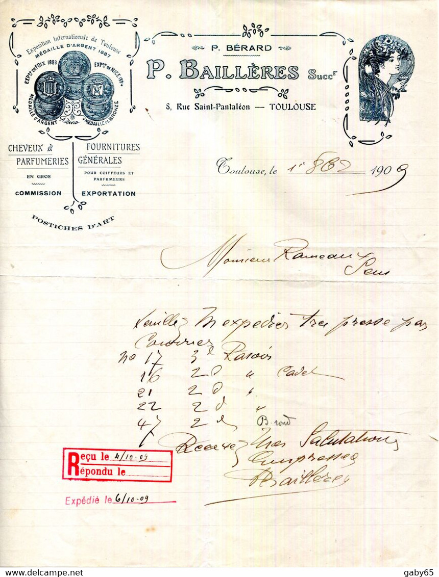 FACTURE.31.TOULOUSE.CHEVEUX & PARFUMERIE.FOUNITURES POUR COIFFEURS & PARFUMEURS.P.BAILLERES 8 RUE SAINT PANTALEON. - Droguerie & Parfumerie