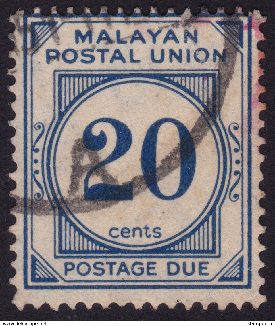 MALAYAN POSTAL UNION 1948 Postage Due 20c P14.5x14 Wmk.MSCA Sc#J19 - USED @N026 - Malayan Postal Union