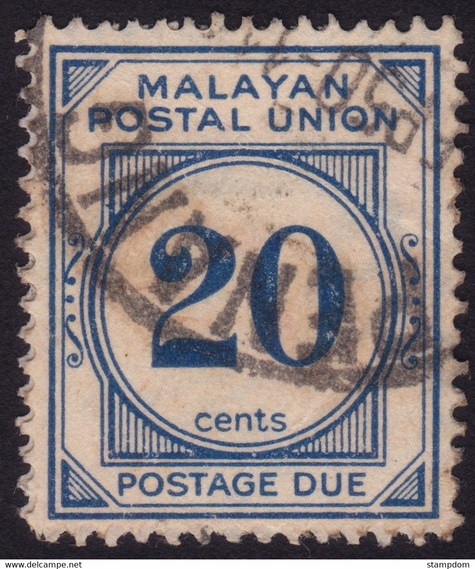 MALAYAN POSTAL UNION 1948 Postage Due 20c P14.5x14 Wmk.MSCA Sc#J19 - USED @N027 - Malayan Postal Union