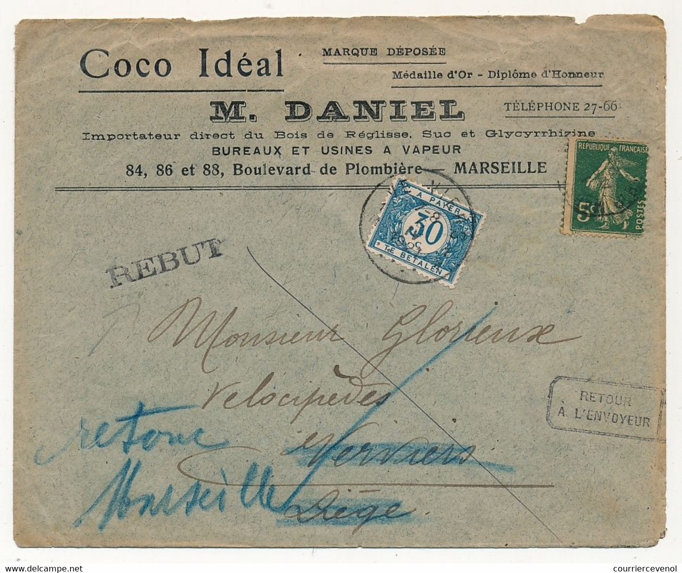 FRANCE - Env. En-tête "Coco Idéal - M.Daniel Importateur Bois De Réglisse" Marseille 1921 - Taxée En Belgique, Rebut - 1900 – 1949