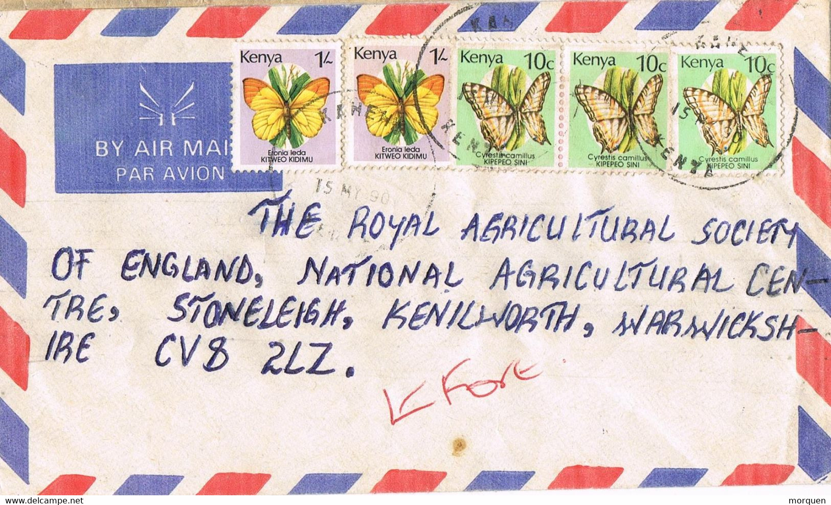 42529. Carta  Aerea KAHEHO (Kenya) 1990. Papillon Stamp, Mariposas - Kenya (1963-...)