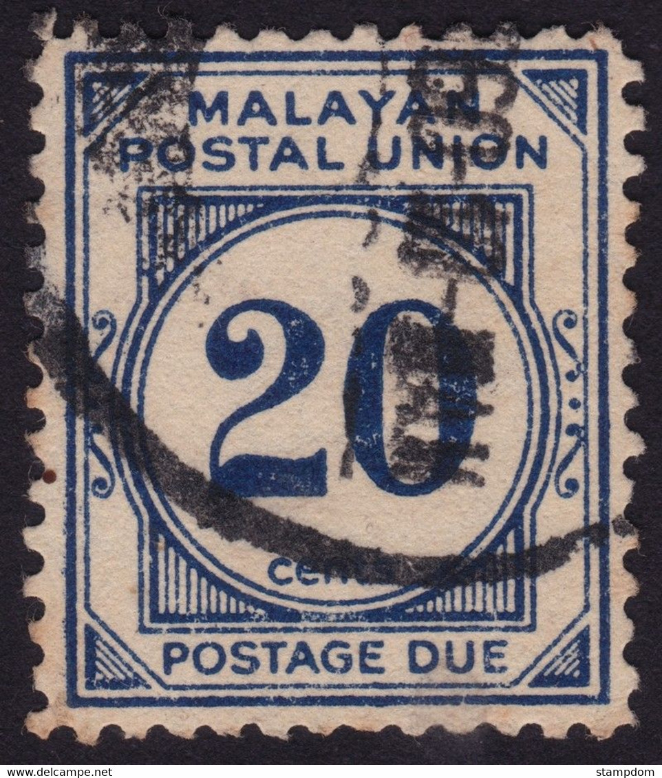 MALAYAN POSTAL UNION 1957 Postage Due 20c P12.5 Wmk.MSCA Sc#J27a - USED @N030 - Malayan Postal Union
