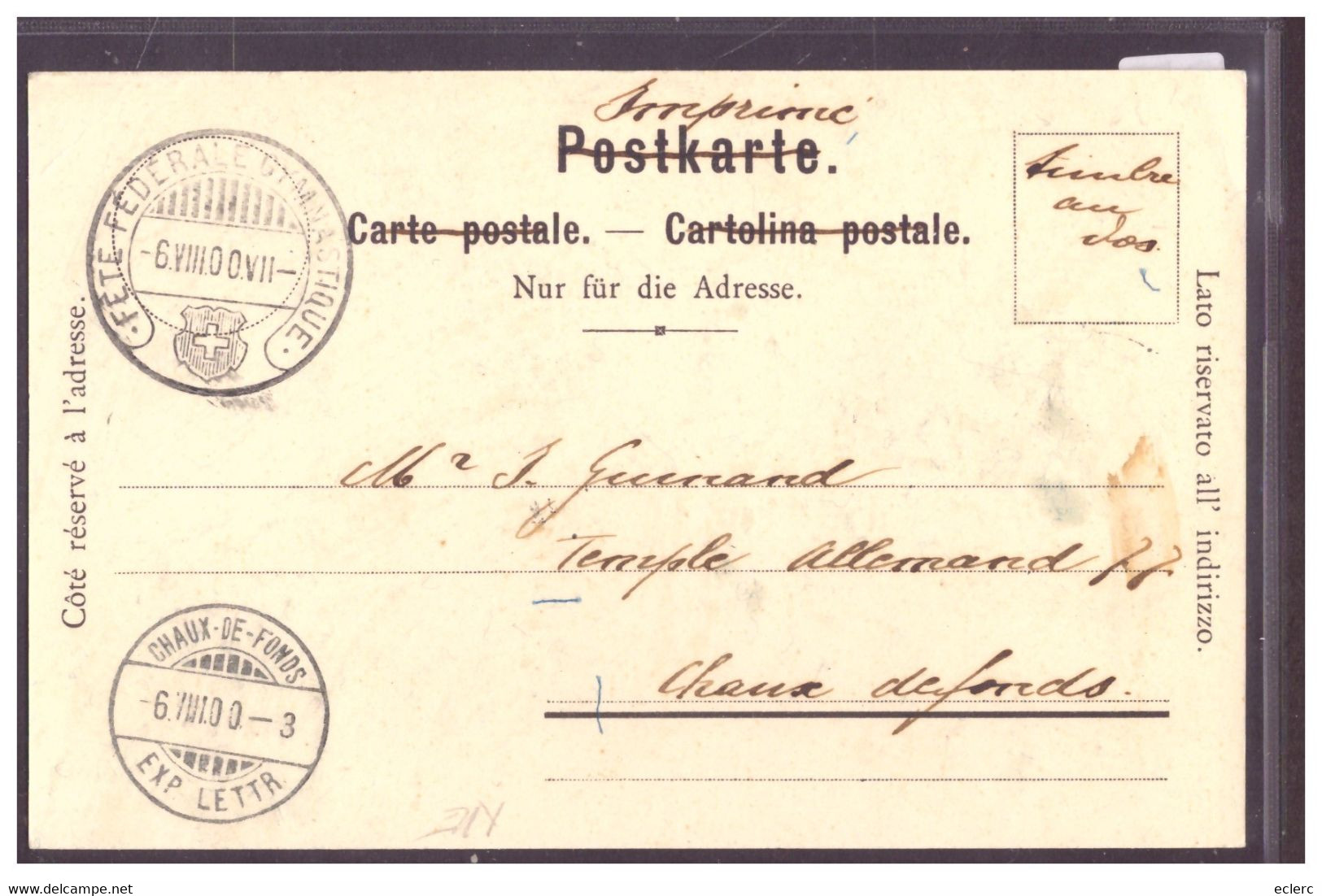 LA CHAUX DE FONDS - CACHET " FETE FEDERALE DE GYMNASTIQUE 1900 " - TB - La Chaux-de-Fonds