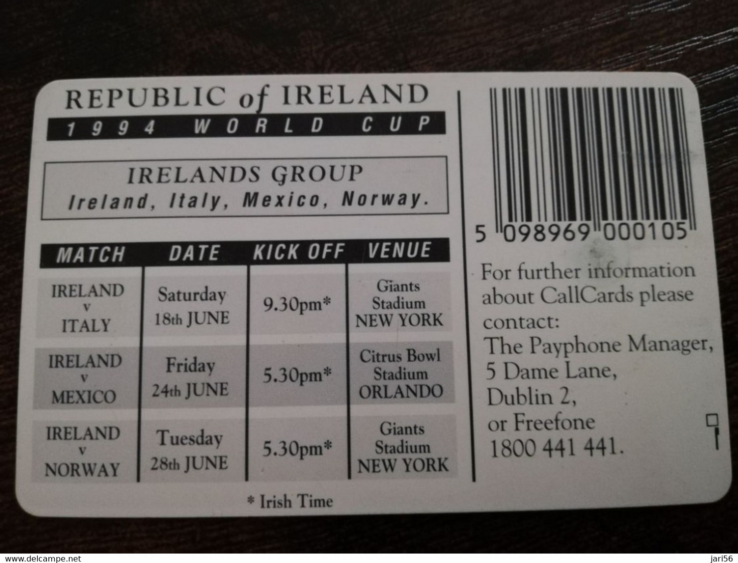 IRELAND /IERLANDE    CHIPCARD  10 UNITS  FOOTBAL USA 94 TEAM        ** 6380** - Irland