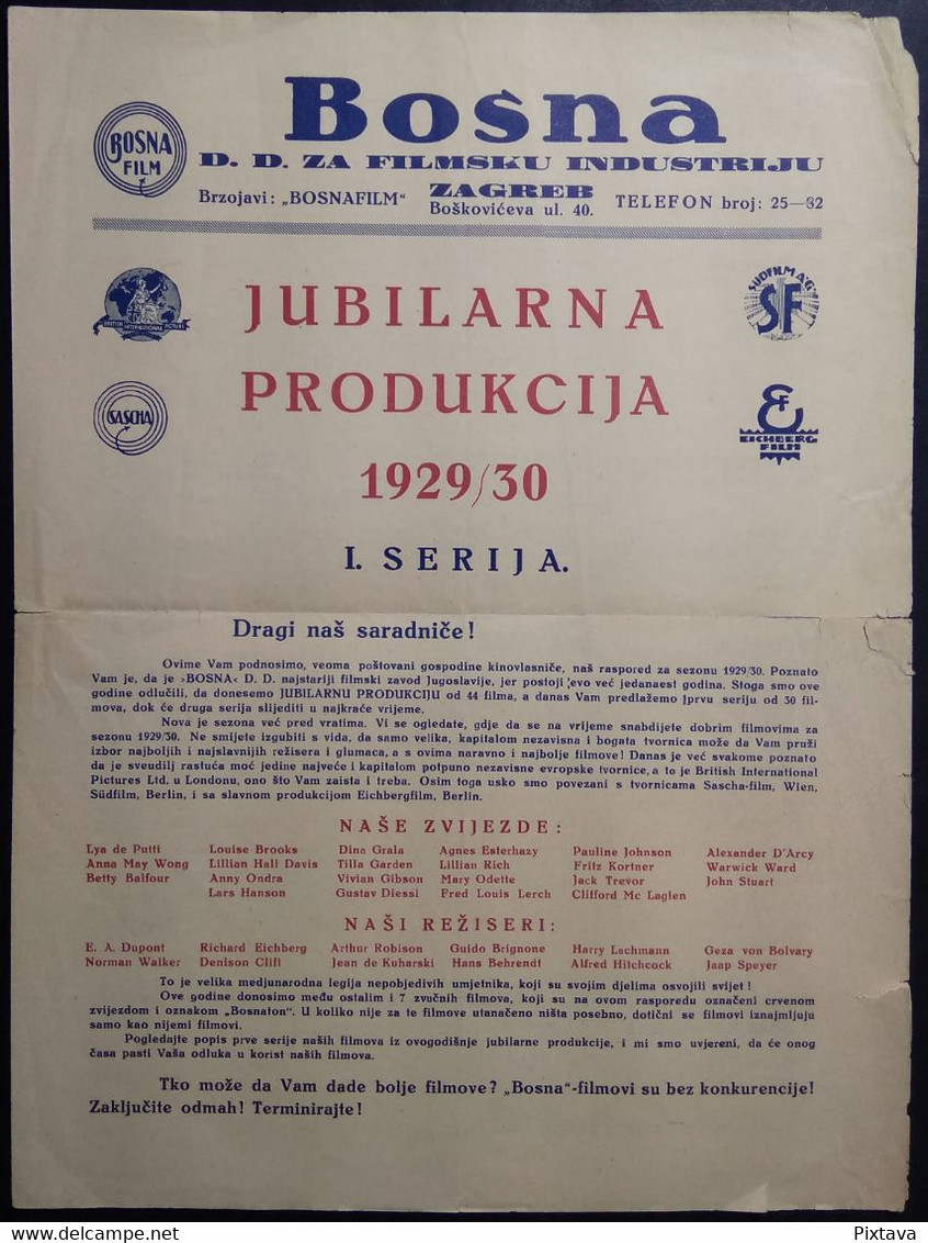 SHS Yugoslavia - D.D. BOSNA FILM ZAGREB Advertising Movie Repertoar For Season 1929/30 VERY RARE - Pubblicitari