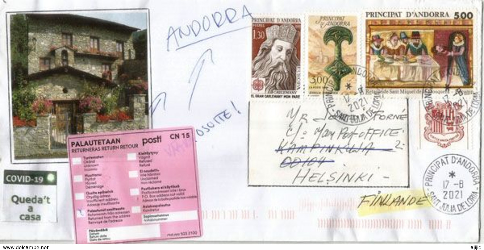 Letter Sent To Helsinki, During 4 Th Covid-19 Epidemic Andorra Lockdown (Aug. 2021), Return To Sender Andorra - Covers & Documents