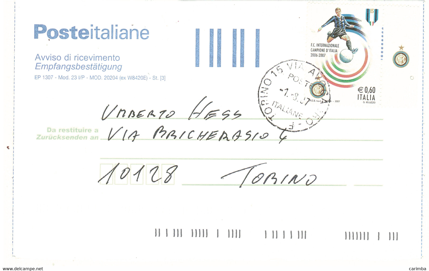 2007 €0,60 INTER CAMPIONE D'ITALIA - 2001-10: Storia Postale