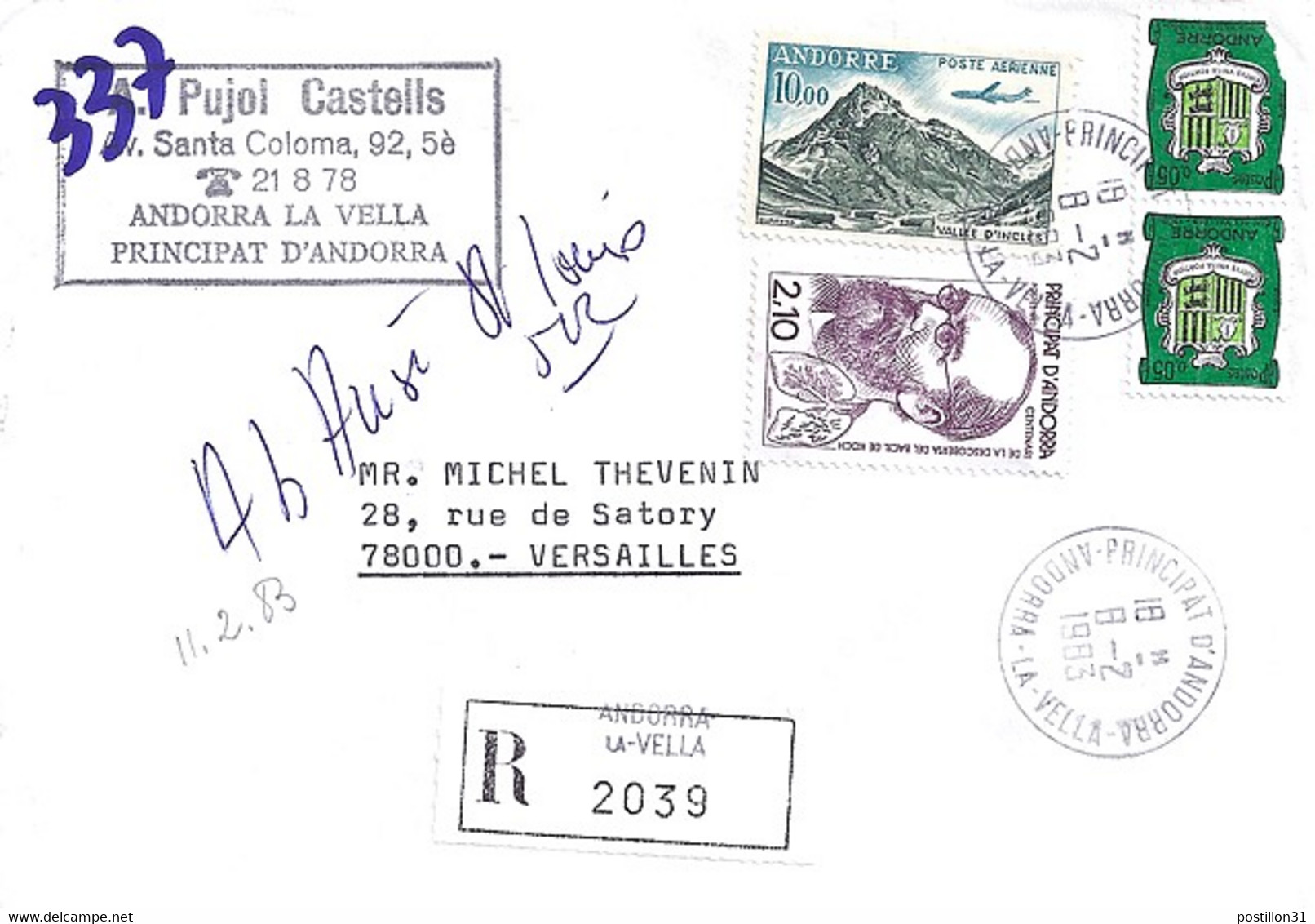 ANDORRE N°308/154x2/PA8 SUR L. REC. DU 8.2.83 - Storia Postale