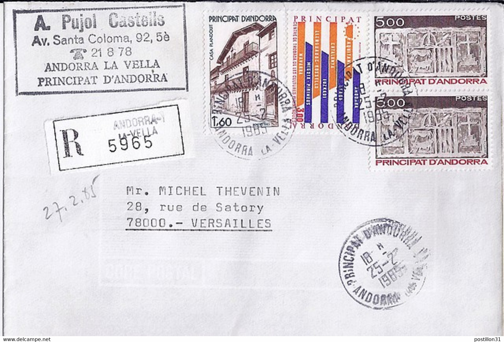 ANDORRE N°324x2/326/333 SUR L. REC. DU 25.2.85 - Storia Postale