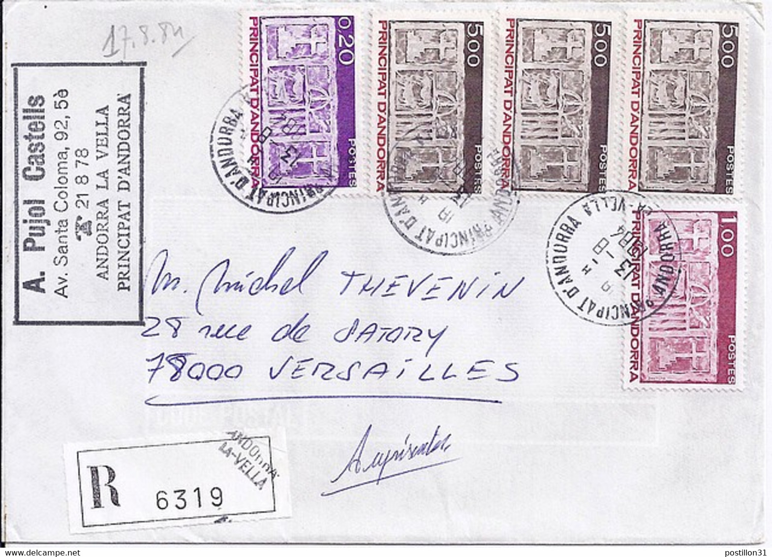 ANDORRE N°324x3/322/318 SUR L. REC. DU 13.8.84 - Cartas & Documentos