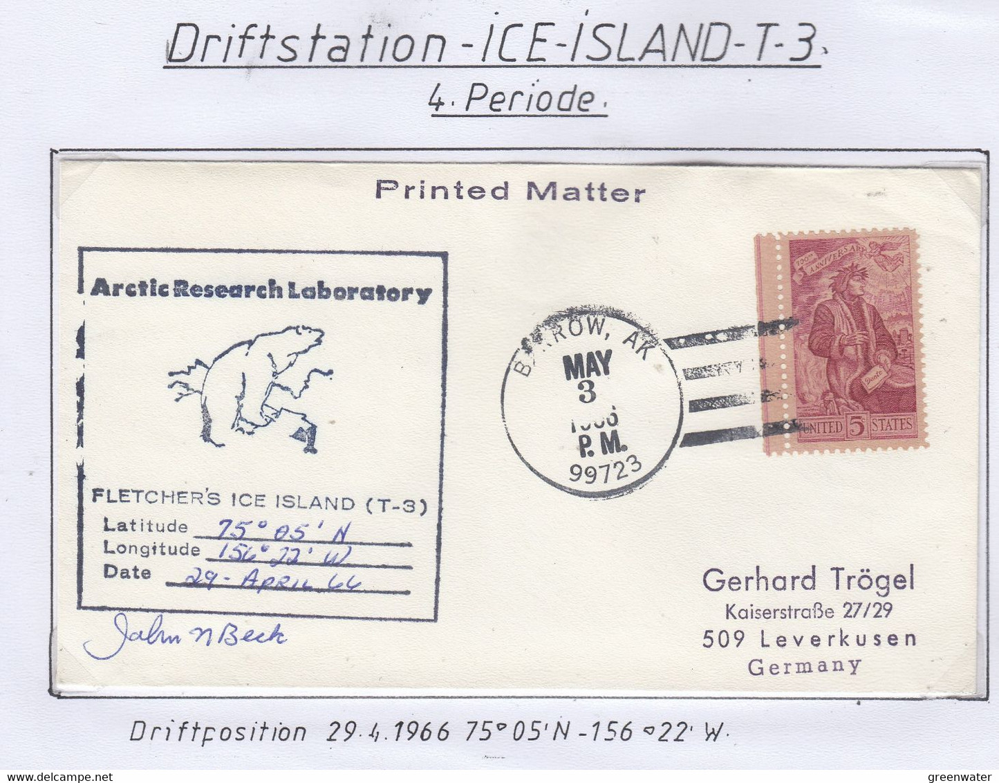 USA Driftstation ICE-ISLAND T-3 Cover Ca IFletcher's Ice Island T-3 29 April 1966 Si John N. Beck 4 (DR113) - Stations Scientifiques & Stations Dérivantes Arctiques