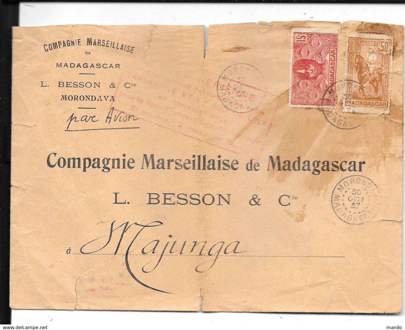 Lettre Par AVION 1e LIGNE AERIENNE 1937 De COMPAGNIE MARSEILLAISE L.BESSON MORONDAVA Pour MAJUNGA Erreur CAD 30/001/37 - Poste Aérienne