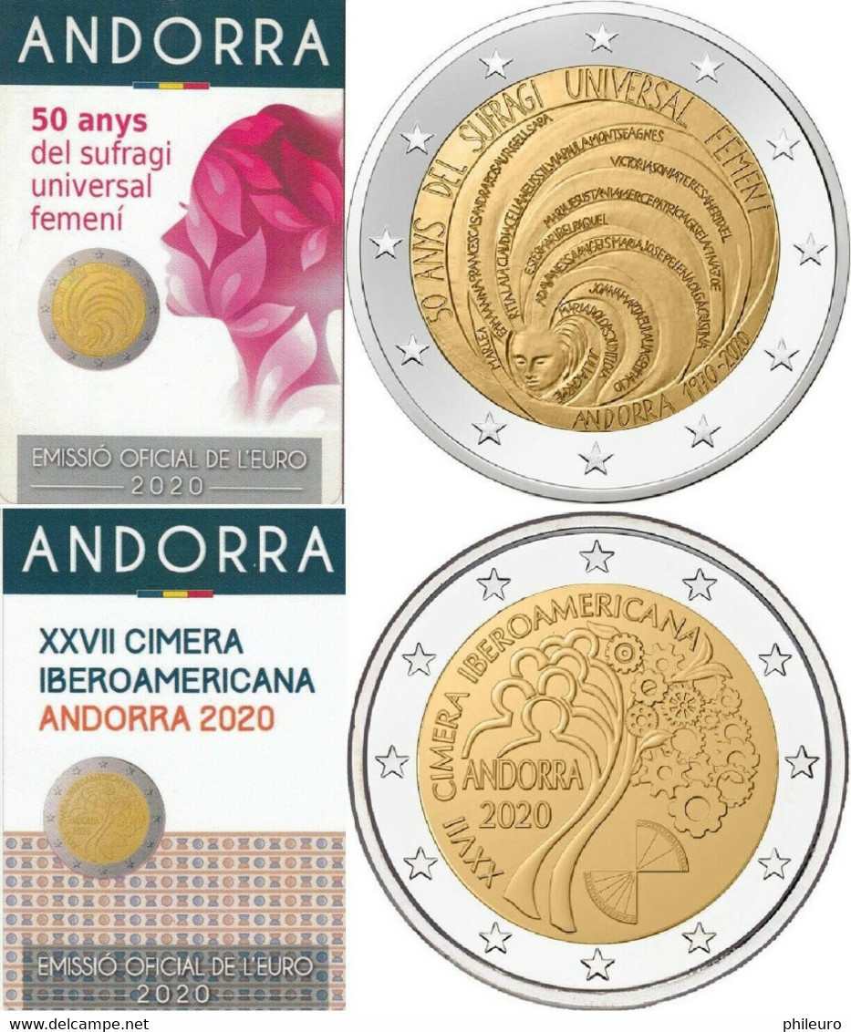 Andorre 2020 : Lot Des 2 Pièces De 2€ Commémorative "Sommet" + "Suffrage Féminin" En Coincard - Disponible En France - Andorra