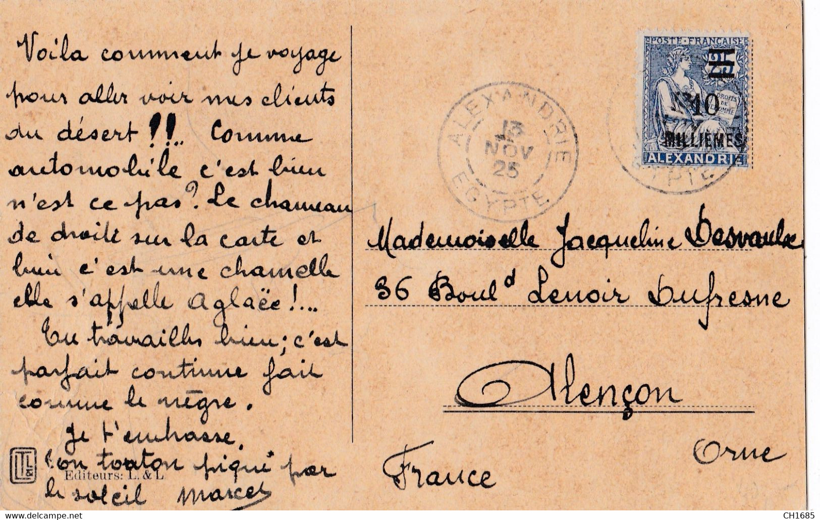 ALEXANDRIE : Mouchon 10 Centièmes Sur 25 Sur Carte Postale CaD D'Alexandrie De 1925 - Cartas & Documentos