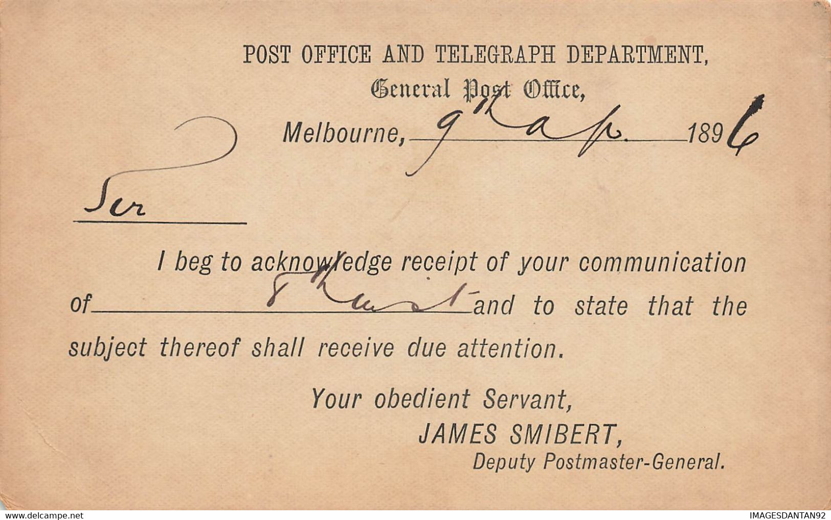 AUSTRALIE AUSTRALIA #32808 REPIQUAGE MELBOURNE DEPUTY POSTMASTER POST OFFICE 1896 - Enteros Postales