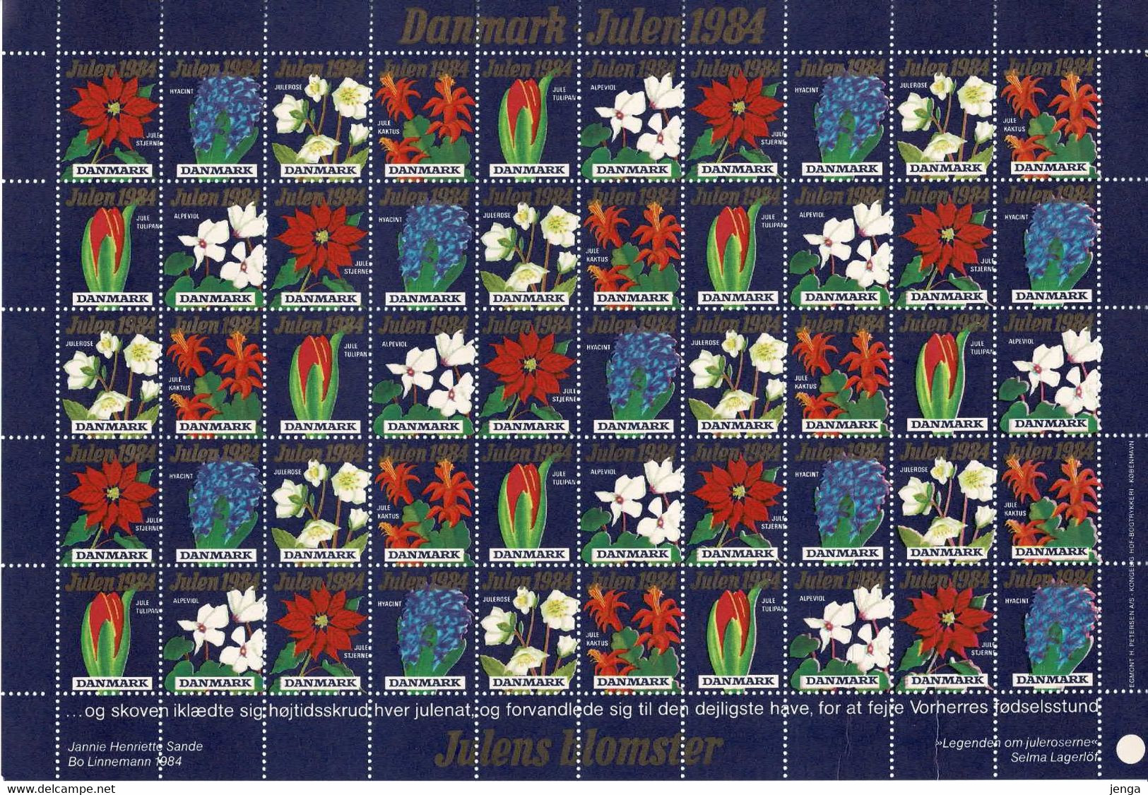 Denmark; Christmas Seals.  Full Sheet 1984; Christmas Flowers;  MNH (**) - Full Sheets & Multiples