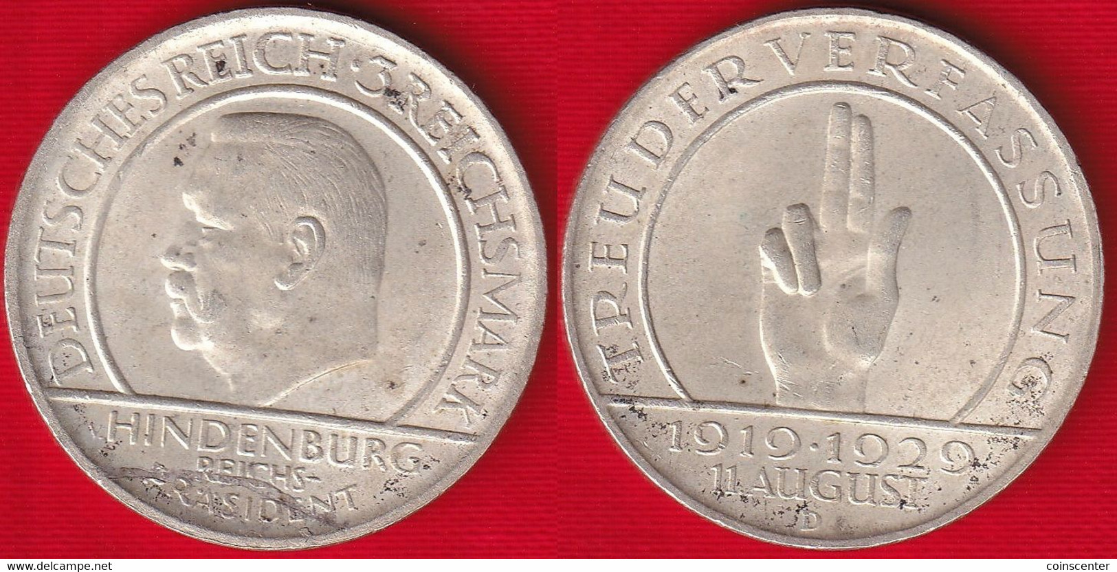 Germany / Weimar Republic 3 Mark 1929 D Km#63 AG "Constitution" - 3 Mark & 3 Reichsmark