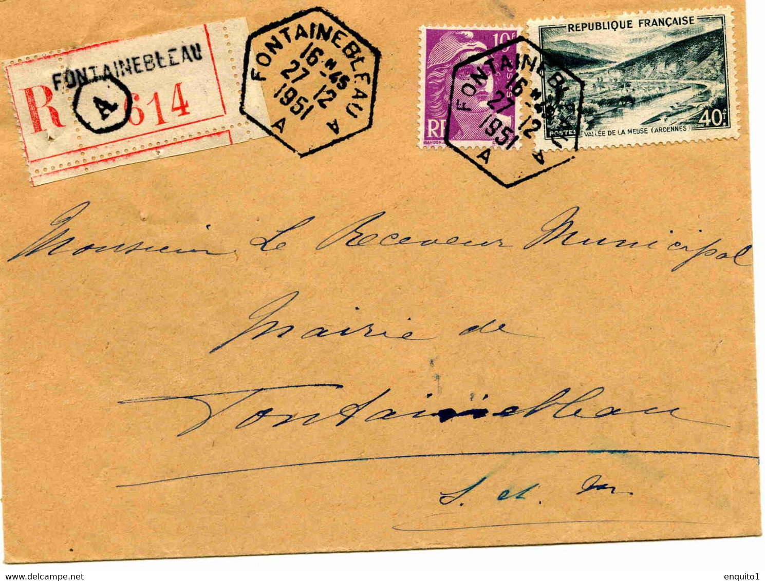 FONTAINEBLEAU: Lettre Recommandée , Cachet De Bureau De Recettes Auxilairies . 27-12-1951 - Bolli Manuali