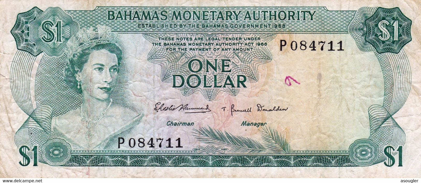 BAHAMAS 1 DOLLAR 1968 F-FV P-27a "free Shipping Via Registered Air Mail" - Bahamas