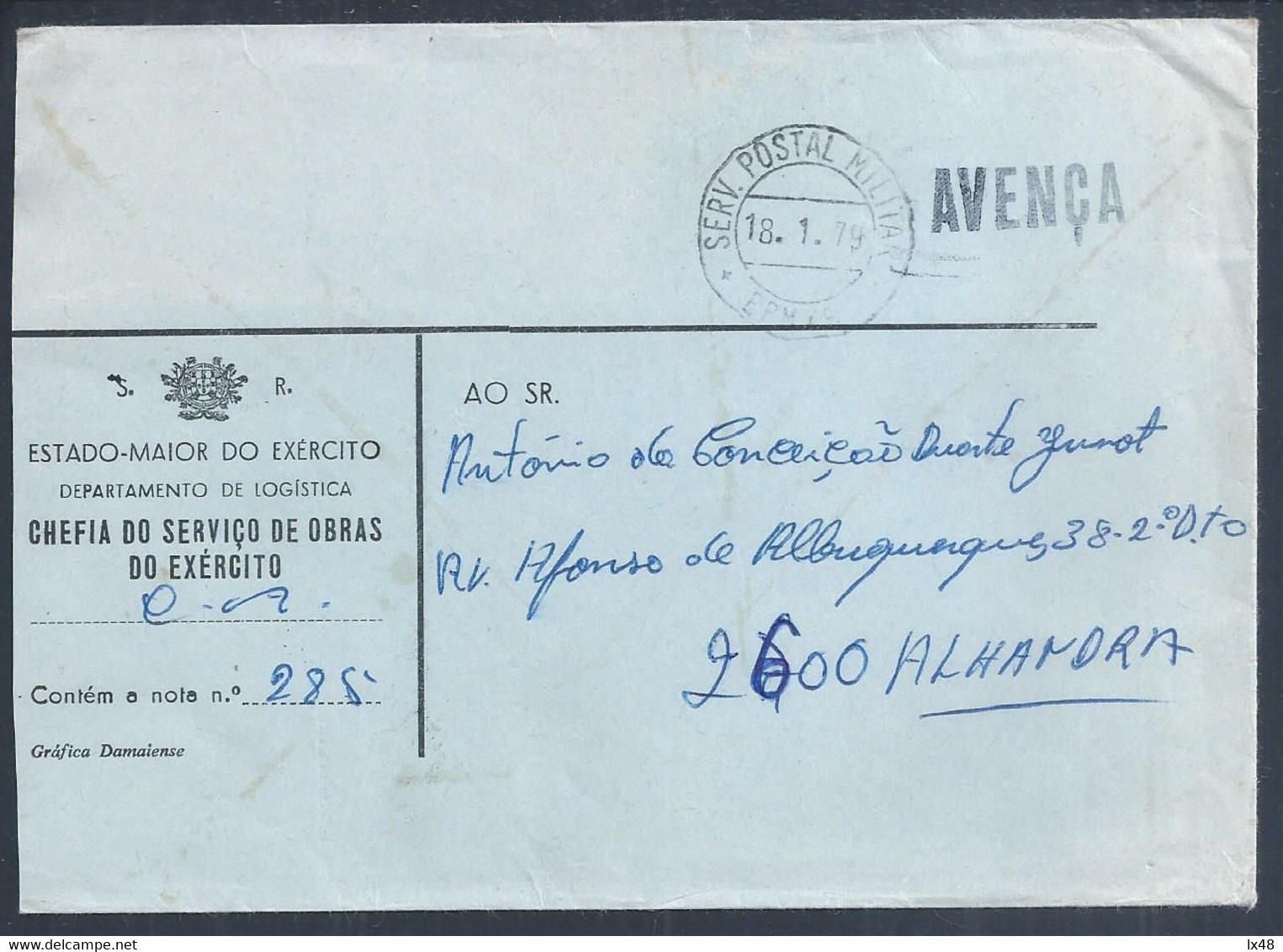 Rara Carta Do SR Com Marca 'Avença' E Obliteração Do 'Serviço Postal Militar EPM 19', Em 1979. Rare Letter From The SR W - Briefe U. Dokumente