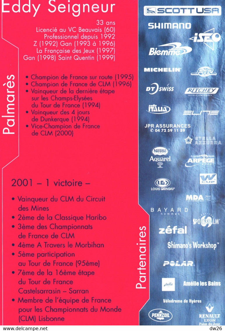 Fiche Cyclisme Avec Palmares - Eddy Seigneur, Champion De France 1995 1996 - Equipe Jean Delatour - Sports