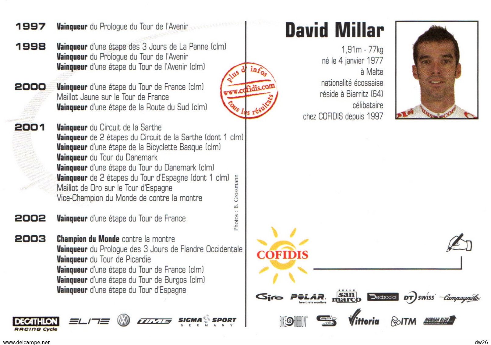 Fiche Cyclisme Avec Palmares - David Millar, Champion Du Monde Contre La Montre 2003 - Equipe Cofidis - Sports