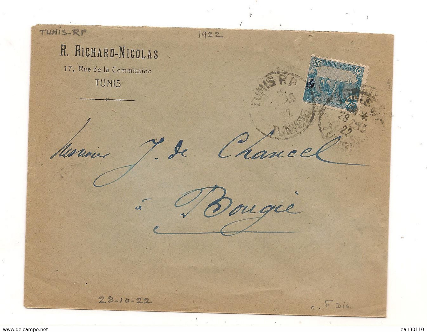 TUNISIE 28-10-22 ENVELOPPE  DE TUNIS R.P. POUR BOUGIE - Cartas & Documentos